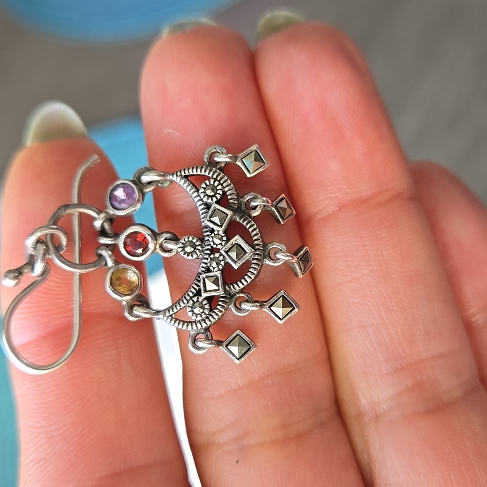 Elegant Sterling Silver Marcasite Chandelier Earrings with Mulitcolor Stones - Picture 3 of 5